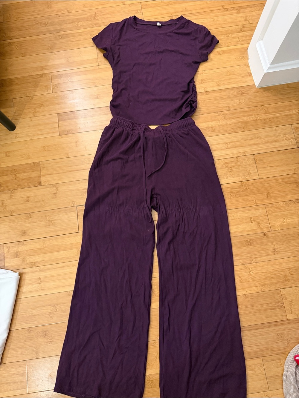 Women's Wide-Leg Lounge Pants and Tee Set - Deep Plum
